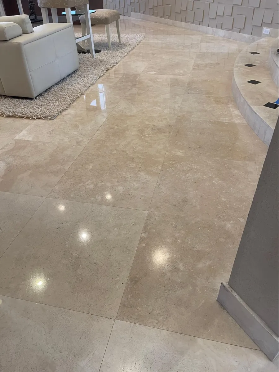 Polished travertine floor after professional restoration in West Palm Beach